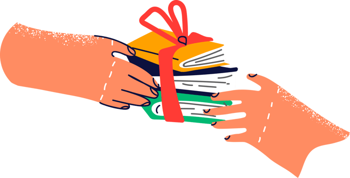 Books with gift ribbon in hands of person symbolize prize to student of school for winning olympiad. Gift of books to advertise bookstore or library with collection of literature and encyclopedias. png
