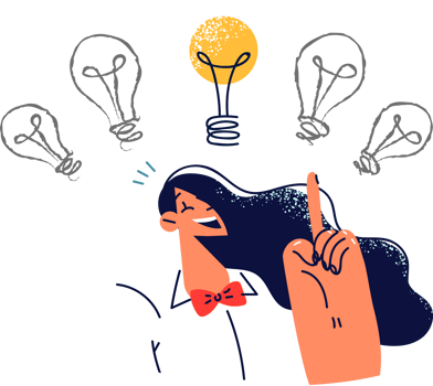 Businesswoman who came up with idea points up at burning light bulb and smiles after completing brainstorming session. Woman came up with idea to increase sales or way to attract new customers png
