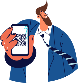 Man with mobile phone shows QR code to scan and gain access to event or quick cashless payment for purchase. Guy in business suit recommends downloading application for QR verification via phone png