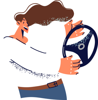 Woman with wheel drives invisible car for concept taking driving courses and lessons for license. Girl dreams buying own automobile or getting driving license and visualizes plans to achieve goals. png