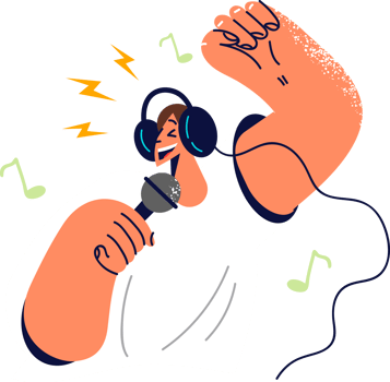 Positive man in headphones holding microphone enjoying singing in karaoke club while relaxing on weekend. Professional singer sings track in karaoke club or recording studio for new solo album png