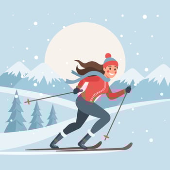Female character on skis on mountain winter landscape background. Winter sport, outdoor sport activity. Flat illustration vector