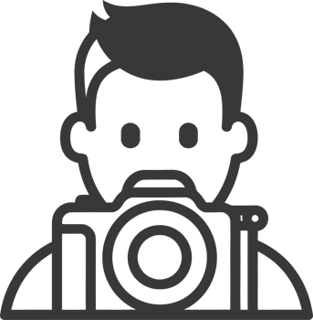 Simple black and white illustration of a man holding a camera png