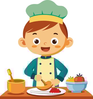 A cartoon boy in chef uniform preparing food vector