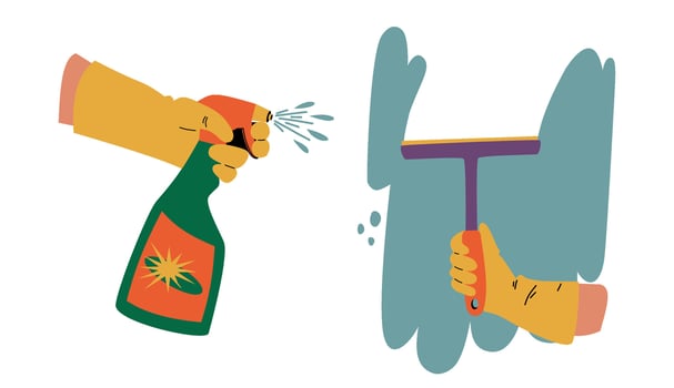 Illustration of window washing. Hands holding detergent and a window mop. vector