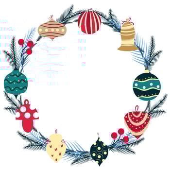 Christmas wreath with fir tree branch and vintage christmas ball toys vector