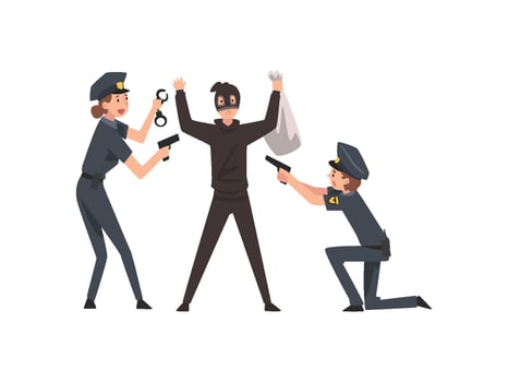 Armed Police Officer Arrested Bank Robber, Police Man and Woman Caught Criminal Illustration vector