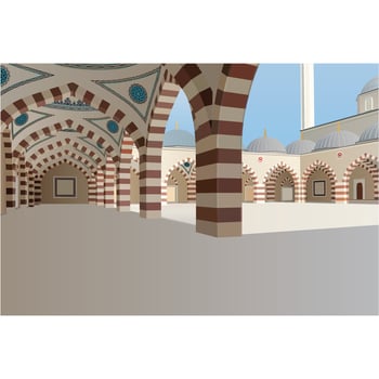 illustration of Canakkale, Turkey. anakkale 18 Mart Hatime Ana Grand Mosque, symmetrical view of the columns and arched structures in the courtyard. vector