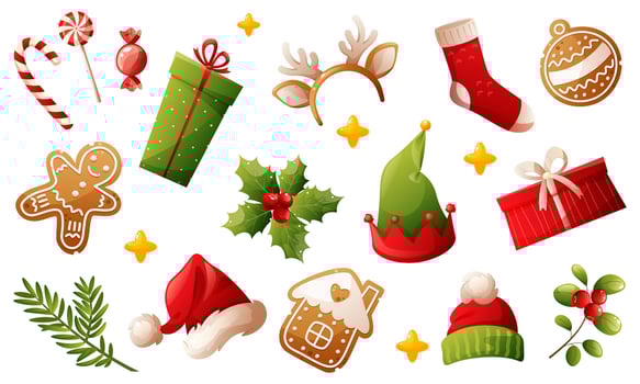 Collection of bright Christmas objects, attributes, symbols of Christmas and happy new year. Candy canes, gingerbread, gift box, Santa's hat, green plants with red berries, fir tree. vector