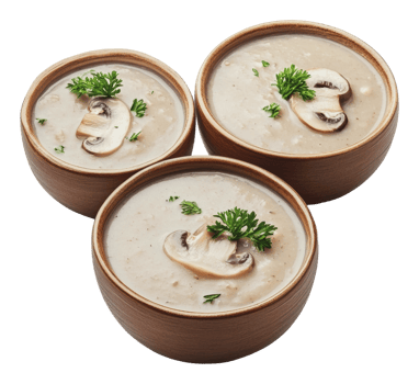 Creamy mushroom soup served in wooden bowls png