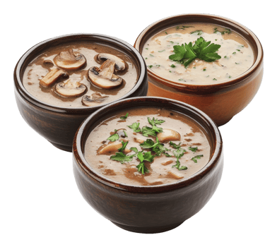 Three delicious soups served in rustic bowls png