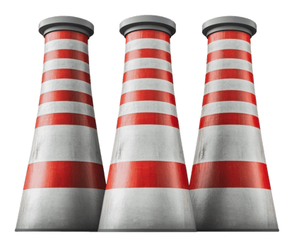 Three striped chimneys at an industrial facility png