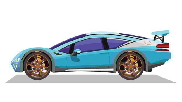 Concept illustration of detailed side of a flat soft blue sport car. with shadow of car on reflected from the ground below. can view interior of car. Glass purple color. vector