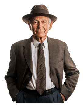 Elderly man in formal attire with a fedora hat png