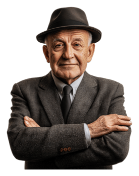 Confident elderly man in suit and hat png