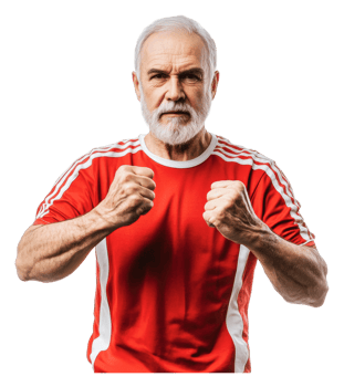 Senior man showing strength in red athletic wear png