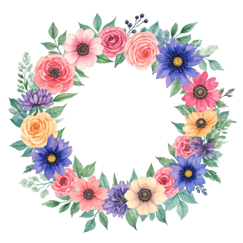 Isolated watercolor wreath made of various flowers and leaves png