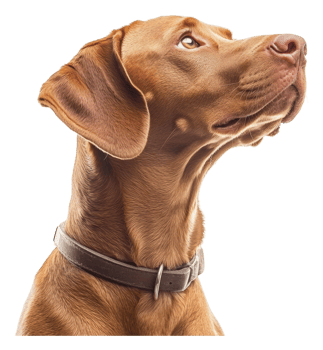 A brown dog with a collar looking up thoughtfully png