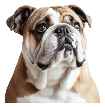 A close-up view of a curious Bulldog indoors png