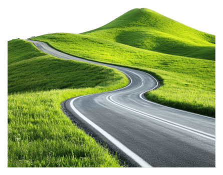 Winding road through lush green hills in daylight png