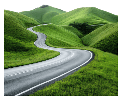 Sunny winding road through green hills png