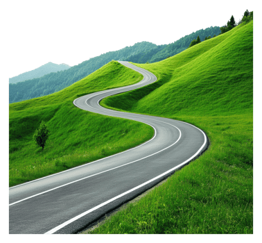 Winding road through lush green hills in daylight png