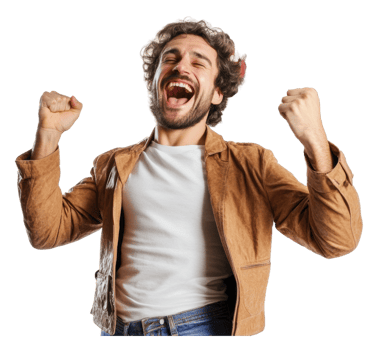 Excited man celebrating success with joy at home png