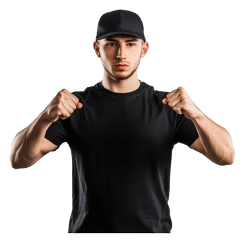 Young man in black shirt and cap poses confidently png