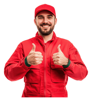 Smiling man in red uniform gives thumbs up png