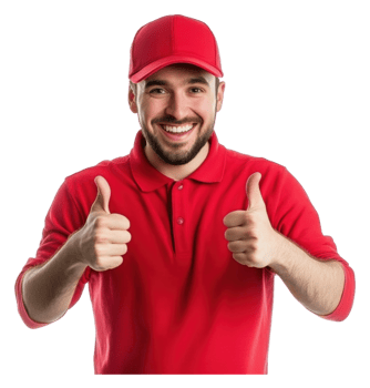 Man in red shirt gives thumbs up indoors png