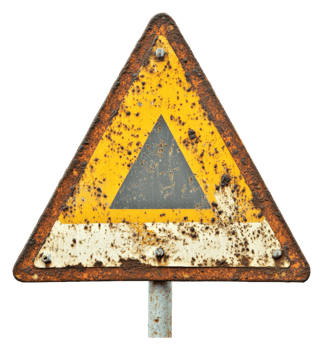 Old rusty warning sign indicating caution on road png