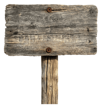 Weathered wooden sign in a rustic outdoor setting png