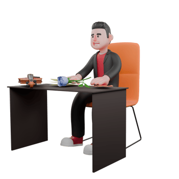 Dance Choreographer Character. A male choreographer sits on a chair with his hands on the table while holding flowers. 3D Model png