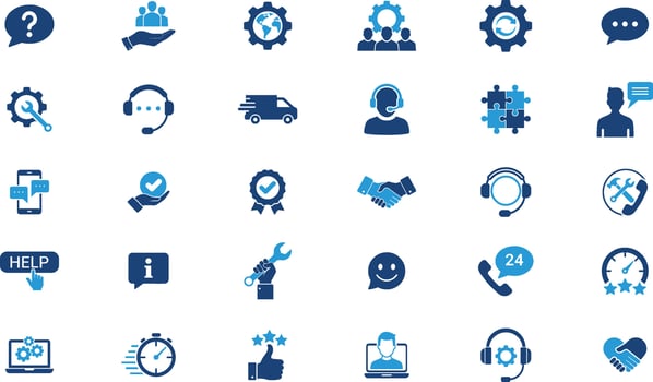 A set of 30 Customer Service Icon sets, Support, Helpdesk, and Solutions. including support, helpdesk, technical assistance, and communication. Illustration vector