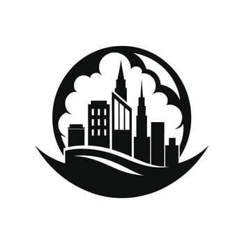 A black and white logo of a city with a cloud vector
