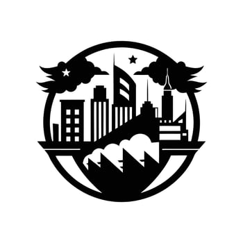A black and white logo of a city with a wave vector