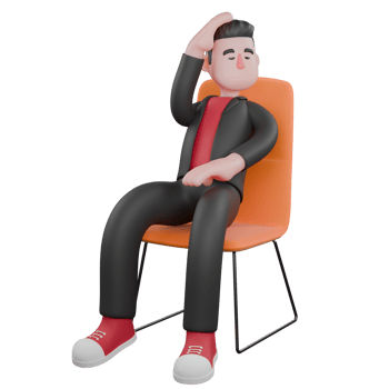 Dance Artist Cartoon in 3D. A male choreographer sits on a chair with one hand holding his head, the other on his knee with a sad expression. Choreographer Character png