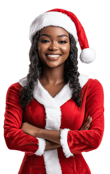 happy smiling black young woman wearing santa claus clothes, with Standing with arms crossed png