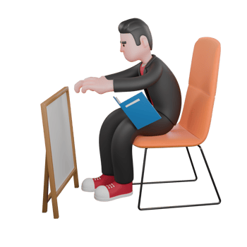 3D Choreographer Dance Performer. a male choreographer sits on a chair with both hands wanting to take a blackboard and in his lap has a book. Cartoon Character png