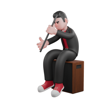 Cartoon Dance Choreographer Character. A male choreographer sits at the speaker with both hands holding a stick. 3D Artist png
