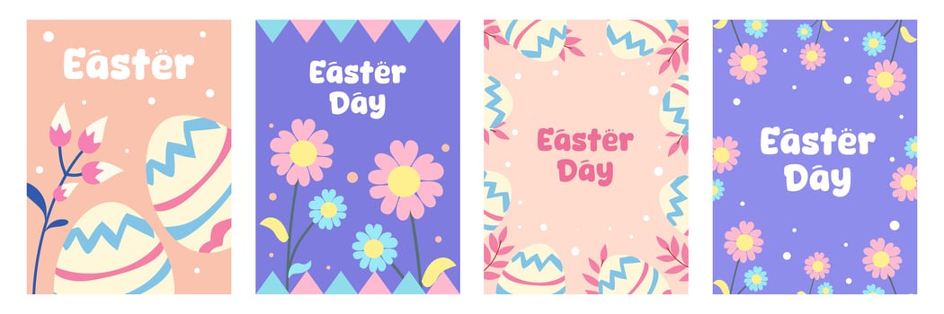Set of Happy Easter Day greeting card with eggs and flower illustration on colorful background for banner and poster. vector