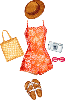 Hand-painted watercolor illustration of an orange swimsuit, bag, hat, and beach accessories png