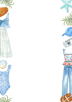 Frame of blue swimwear and beach outfit. png
