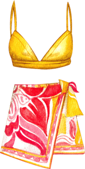 Hand-painted watercolor illustration of Yellow camisole top with an orange floral mini skirt png