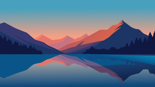 Lake reflecting mountains in the background showcasing nature beauty and tranquility flat illustration. vector