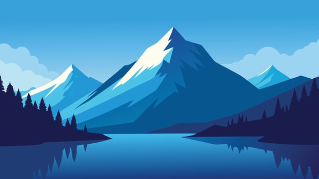 stunning mountain landscape featuring a serene lake surrounded by majestic peaks under a clear blue sky flat illustration vector
