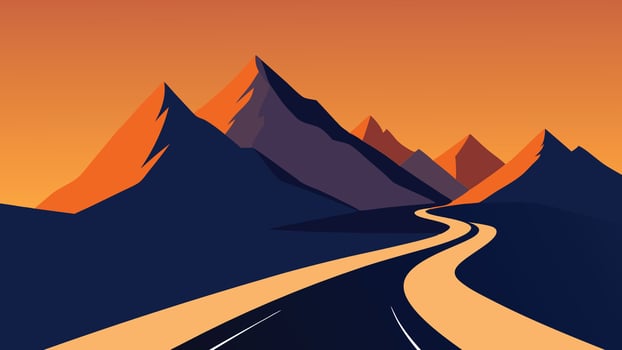 mountain road winding through rugged terrain, with majestic peaks rising in the background flat illustration. vector