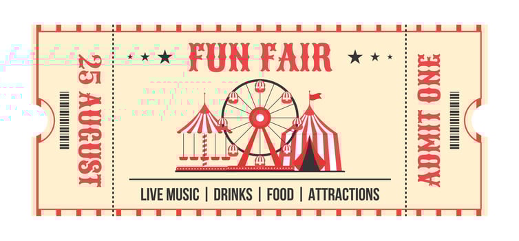 Colorful vintage fun fair ticket. Ferris wheel, circus tent, carousel in the center, decorative text fun fair, admit one, barcode and other. Flat illustration on white background vector