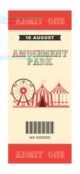 Colorful vintage amusement park ticket. Ferris wheel, circus tent, carousel, decorative text amusement park, admit one, barcode and more details events. Vertical flat illustration on white background vector