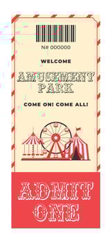 Colorful vintage amusement park ticket. Ferris wheel, circus tent, carousel, decorative text amusement park, admit one and more informations. Vertical flat illustration on white background vector